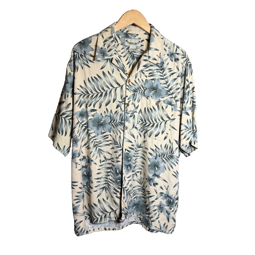 Paradise Coves Mens Hawaiian Shirt Yellow Floral Large Silk Short Sleeve Collar
